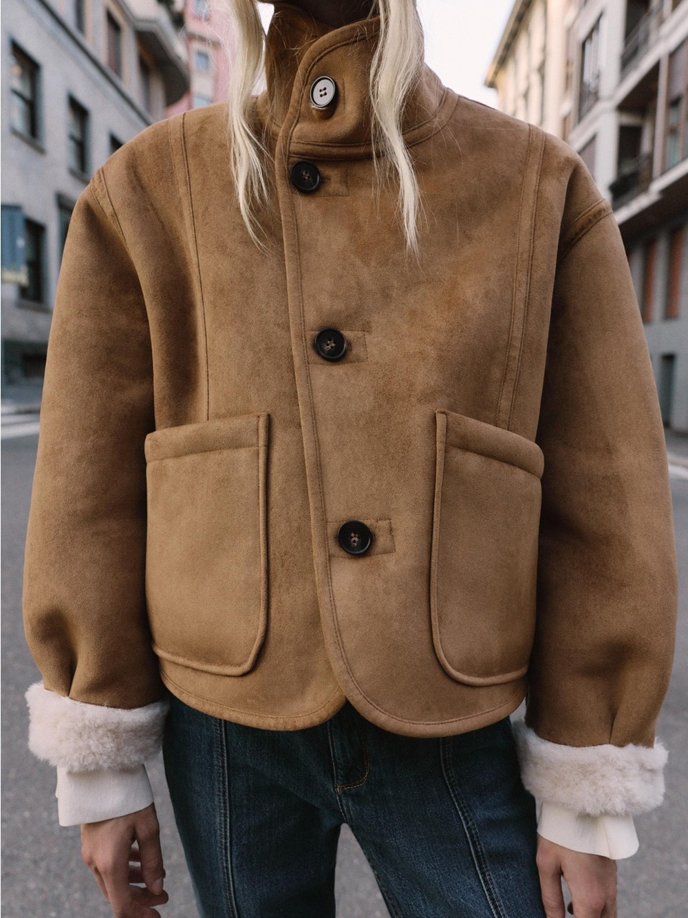 Zara Suede Shearling Reversible Double-Faced Sherpa Jacket - Picture 2 of 13